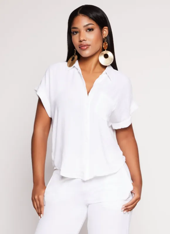 Gauze Knit Button Front Cuffed Sleeve Blouse sold by Rainbow