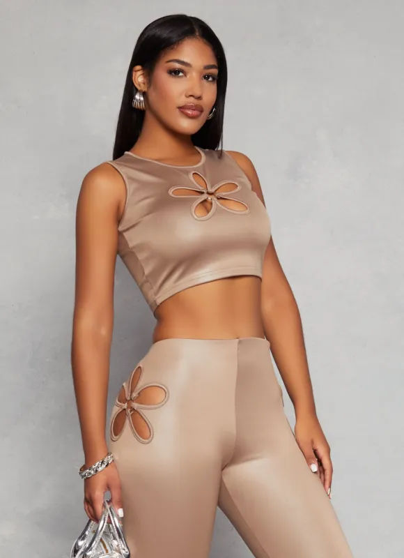 Leather Look Flower Keyhole Crop Top sold by Rainbow