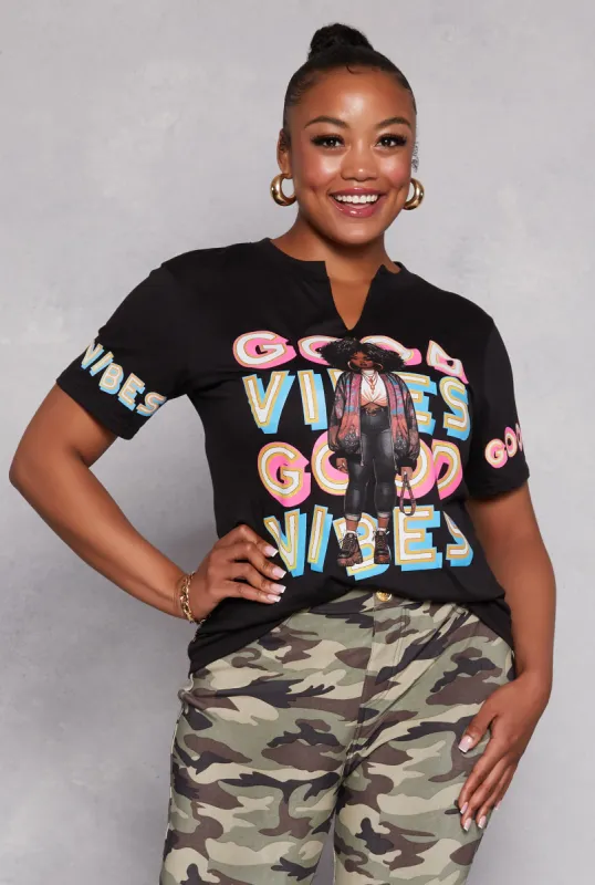 Plus Size Good Vibes Graphic Notch Neck Tee sold by Rainbow
