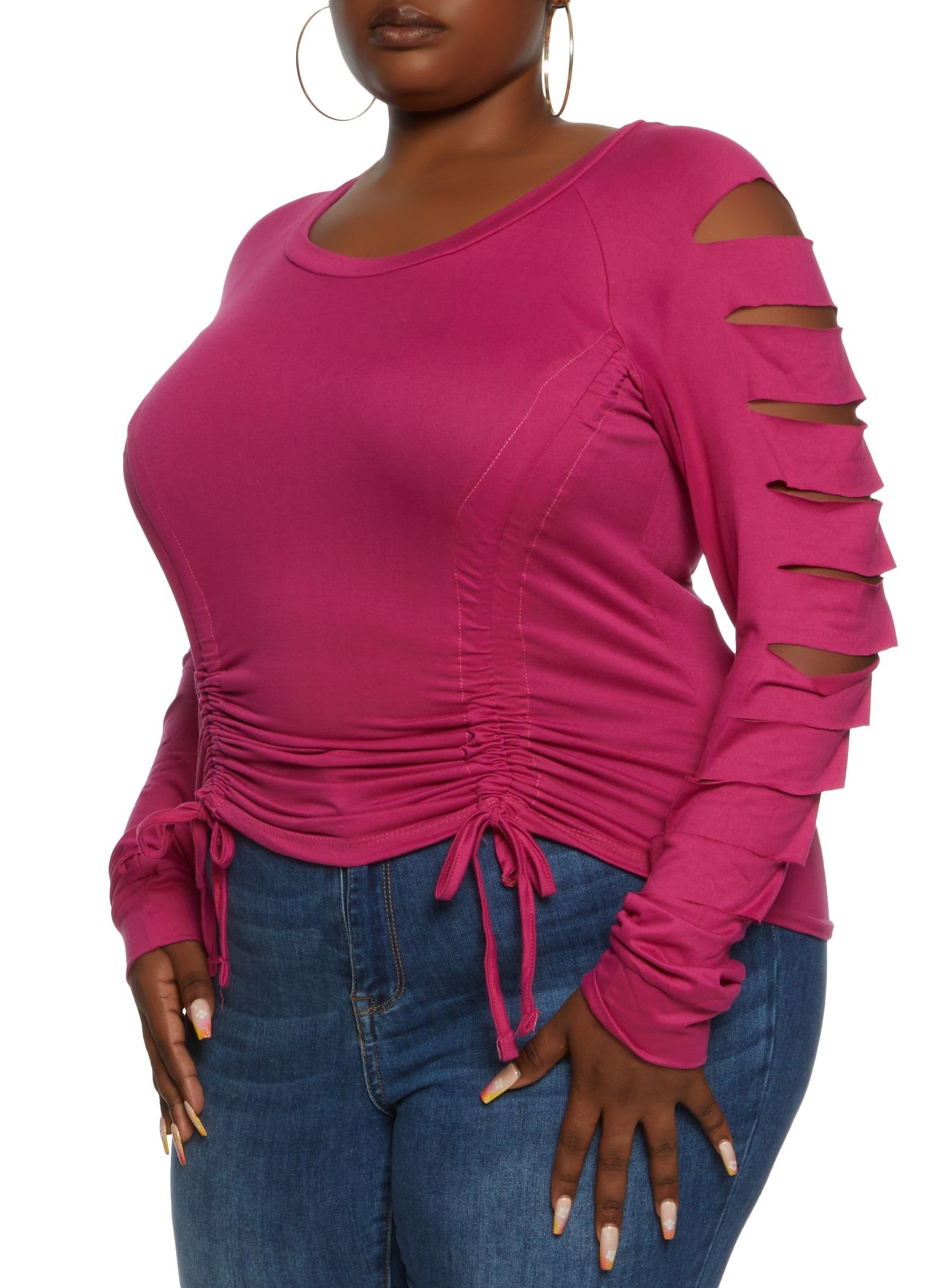 Plus Size Laser Cut Sleeve Ruched Top sold by Rainbow