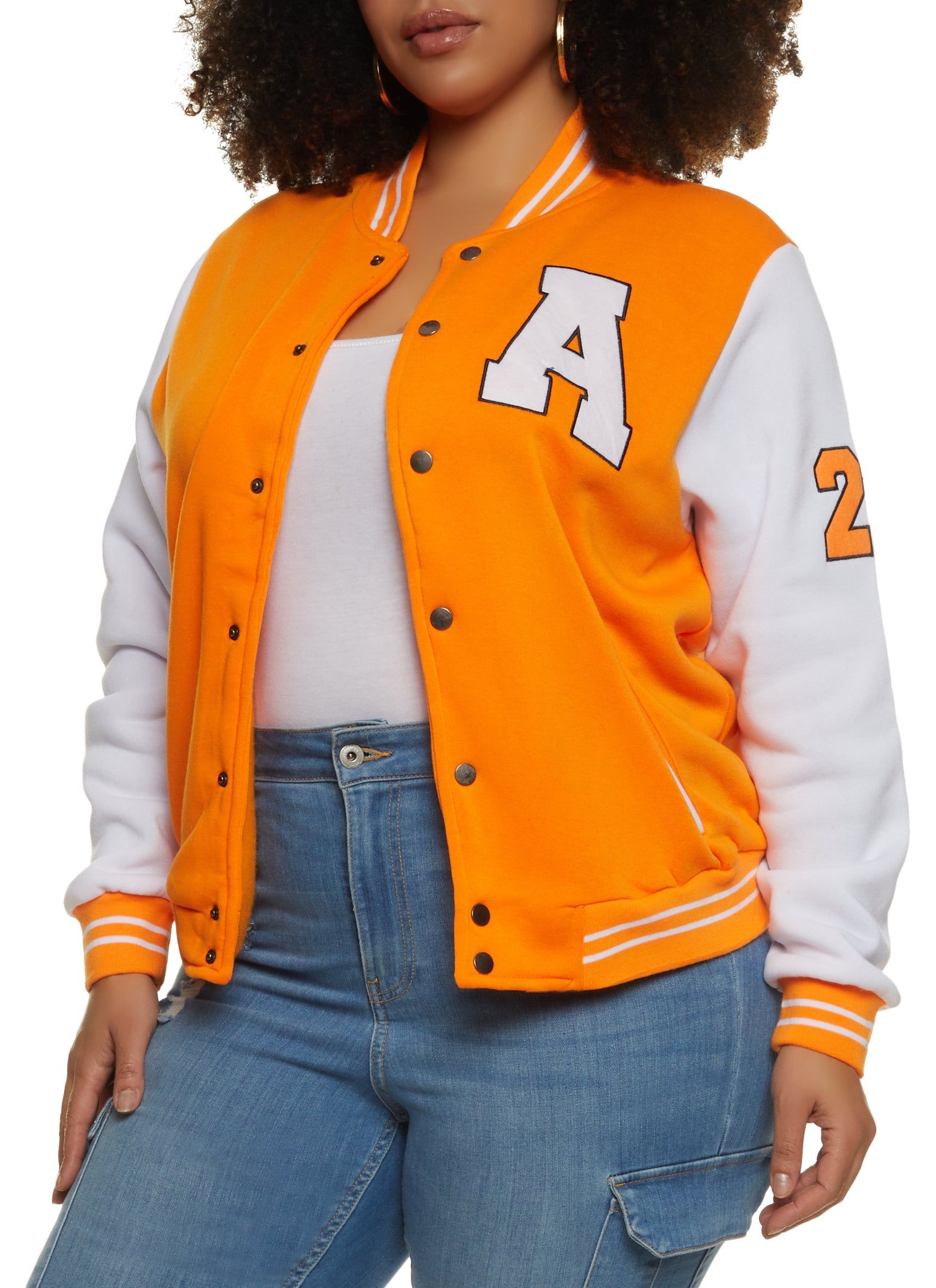 Plus Size Fleece Graphic Patch Baseball Jacket sold by Rainbow