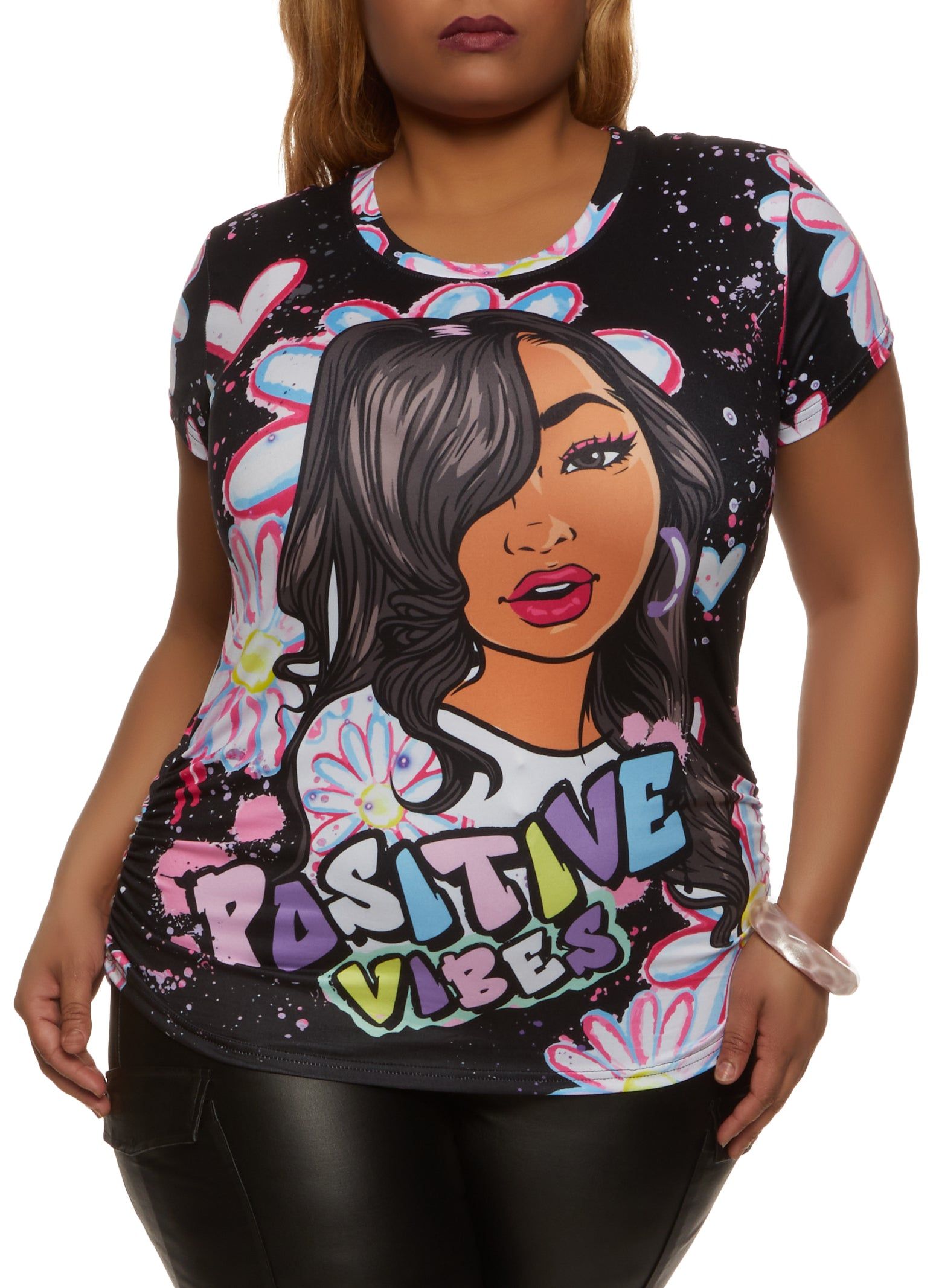 Plus Size Positive Vibes Graphic Print Tee sold by Rainbow
