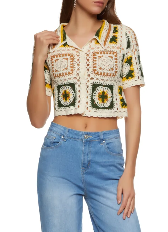 Patterned Crochet Cropped Button Front Shirt sold by Rainbow
