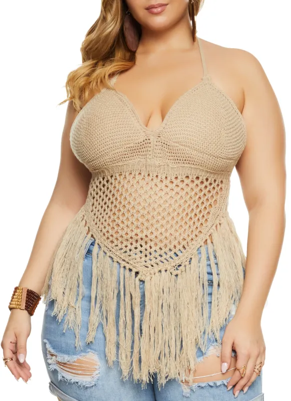 Plus Size Crochet Fringe Halter Top sold by Rainbow