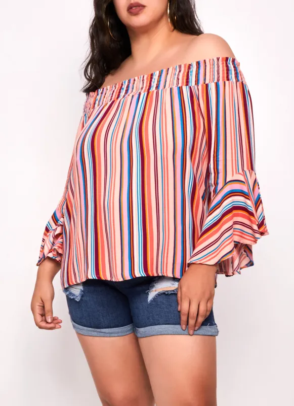 Plus Size Striped Bell Sleeve Off the Shoulder Top sold by Rainbow