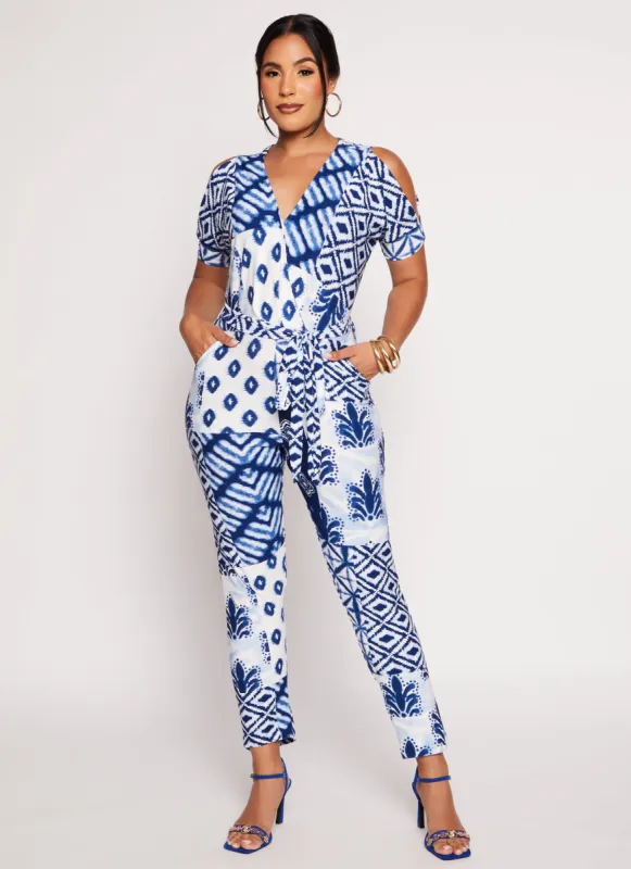 Patterned Cold Shoulder Jumpsuit sold by Rainbow