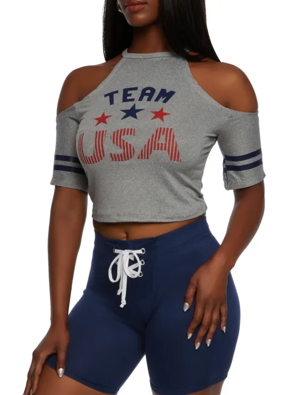 Team USA Cold Shoulder Crop Top sold by Rainbow