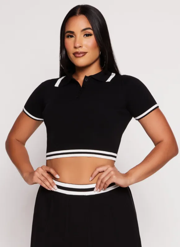 Daisy Knit Varsity Stripe Cropped Polo Shirt sold by Rainbow