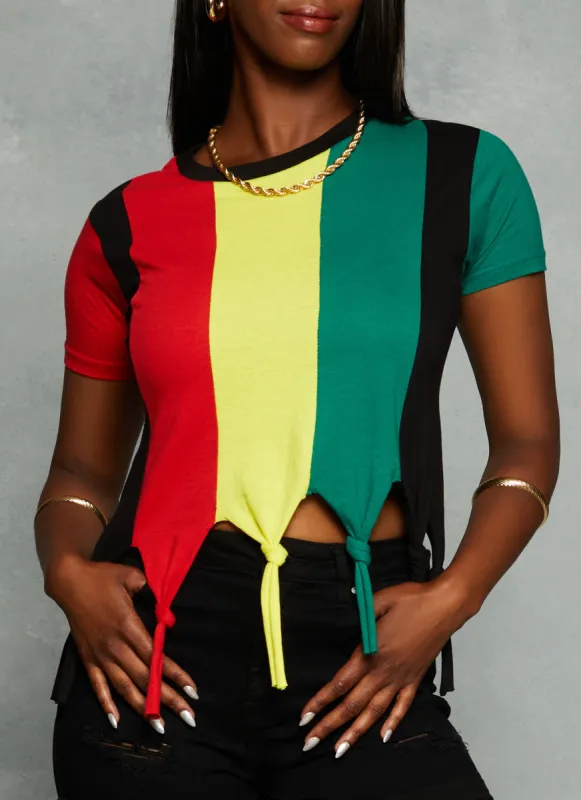 Color Blocked Knotted Fringe Tee sold by Rainbow
