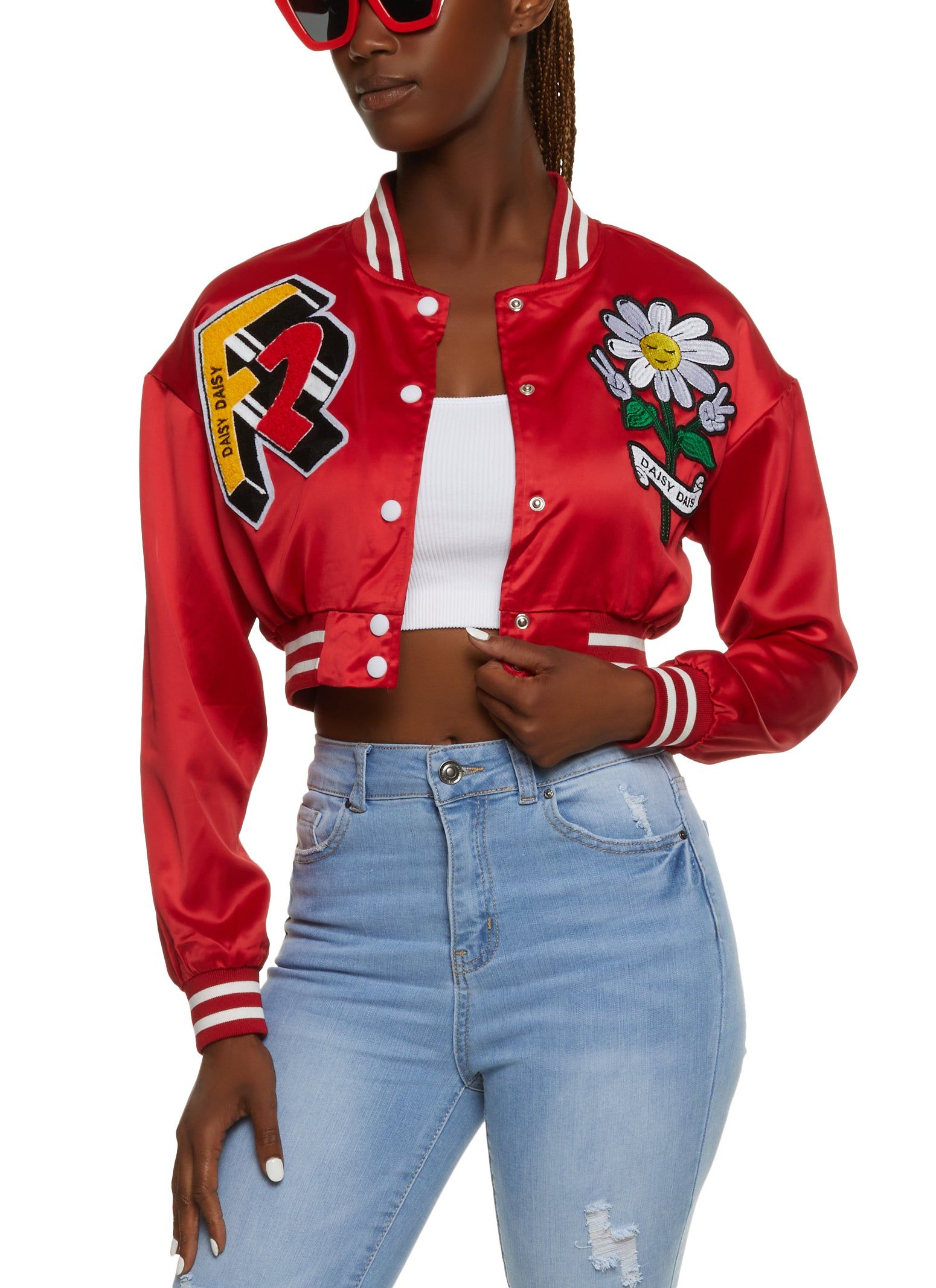Satin Daisy Patch Cropped Varsity Jacket sold by Rainbow