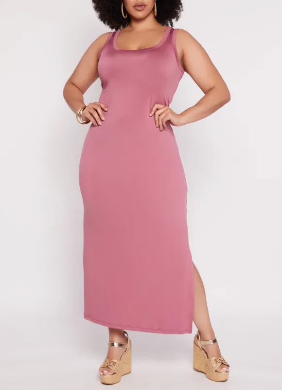 Plus Size Scoop Neck Side Slit Maxi Tank Dress sold by Rainbow