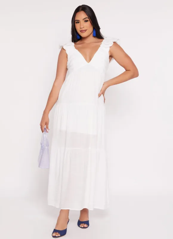 Ruched V Neck Tiered Maxi Dress sold by Rainbow