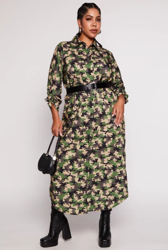 Plus Size Camo Button Front Maxi Shirt Dress sold by Rainbow