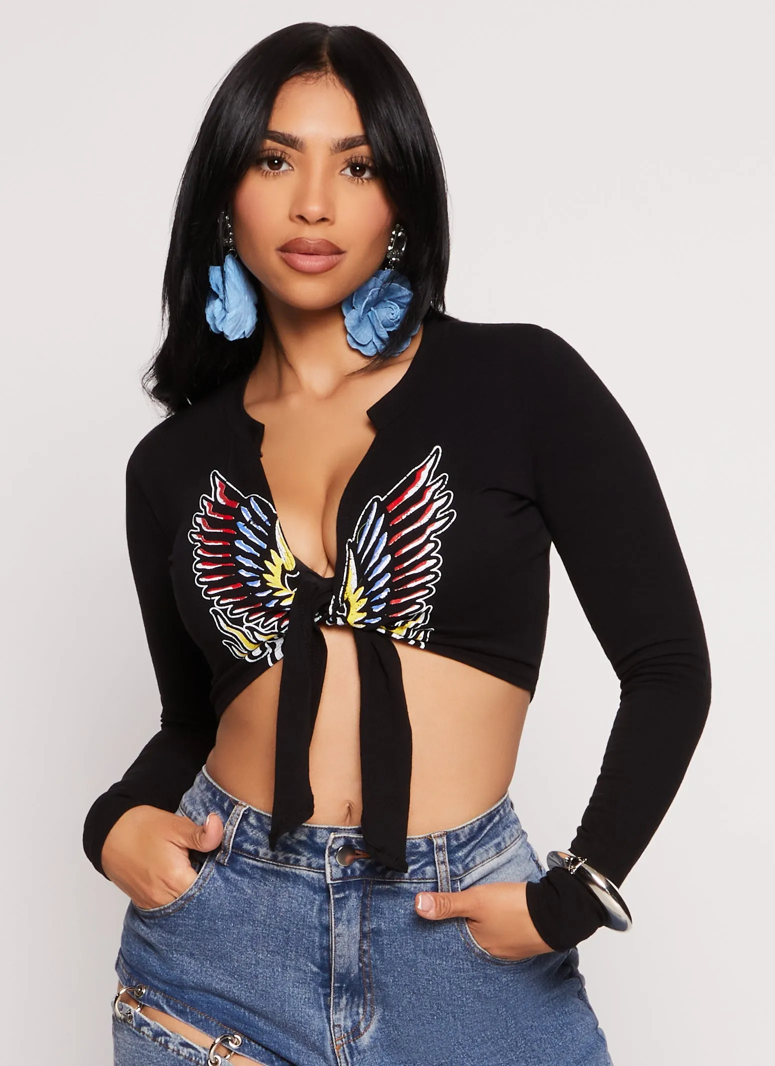 Wings Tie Front Graphic Crop Top sold by Rainbow