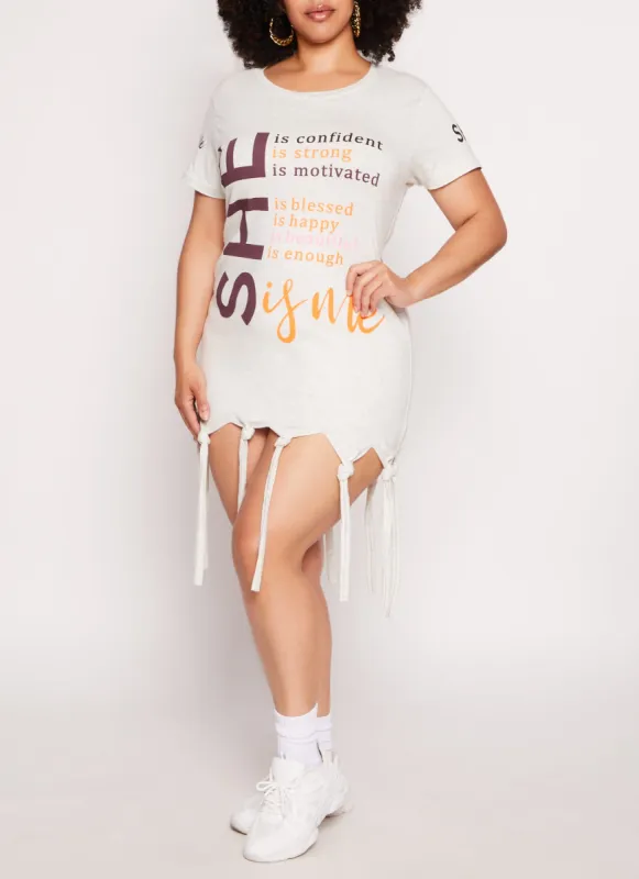 Plus Size She Is Me Graphic Knot Fringe Dress sold by Rainbow
