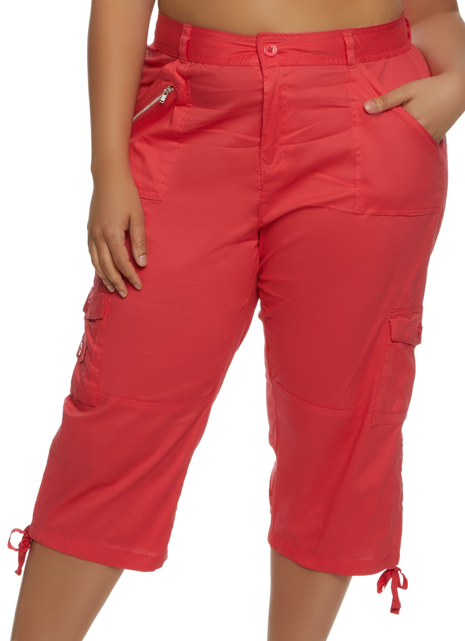 Plus Size Zip Pocket Detail Tie Cuff Capri Pants sold by Rainbow