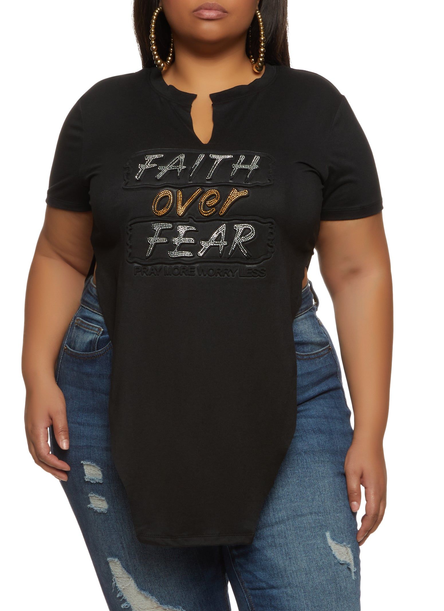 Plus Size Faith Over Fear Rhinestone Embossed Tunic Top sold by Rainbow