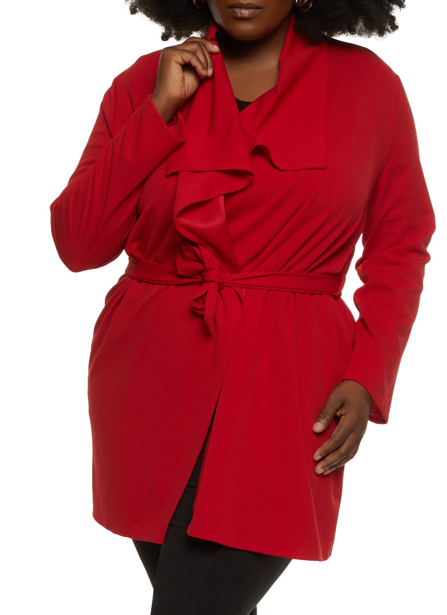 Plus Size Crepe Knit Draped Collar Wrap Coat sold by Rainbow