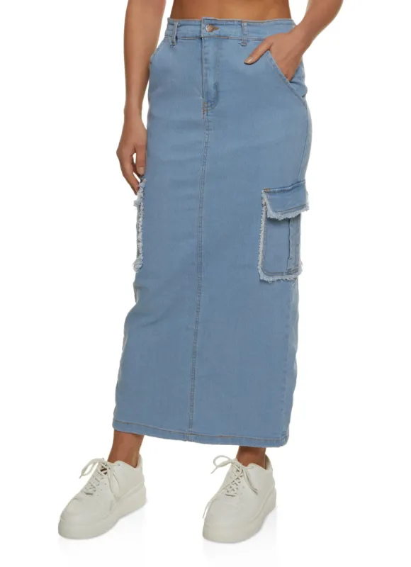 Denim Frayed Trim Cargo Pocket Maxi Skirt sold by Rainbow