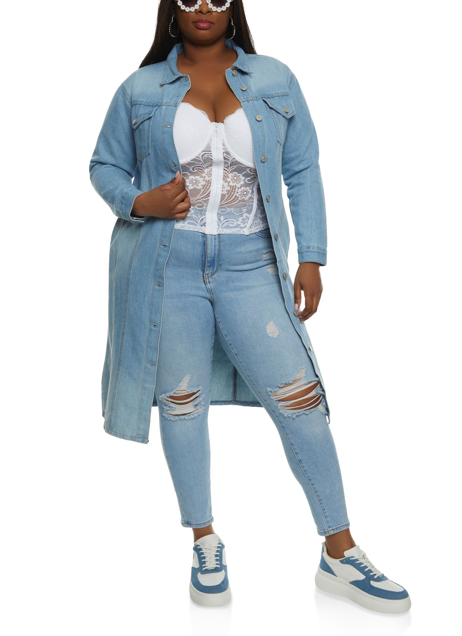 Plus Size Denim Button Front Longline Jacket sold by Rainbow