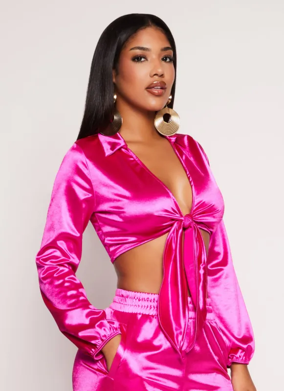 Satin Tie Front Long Sleeve Crop Top sold by Rainbow