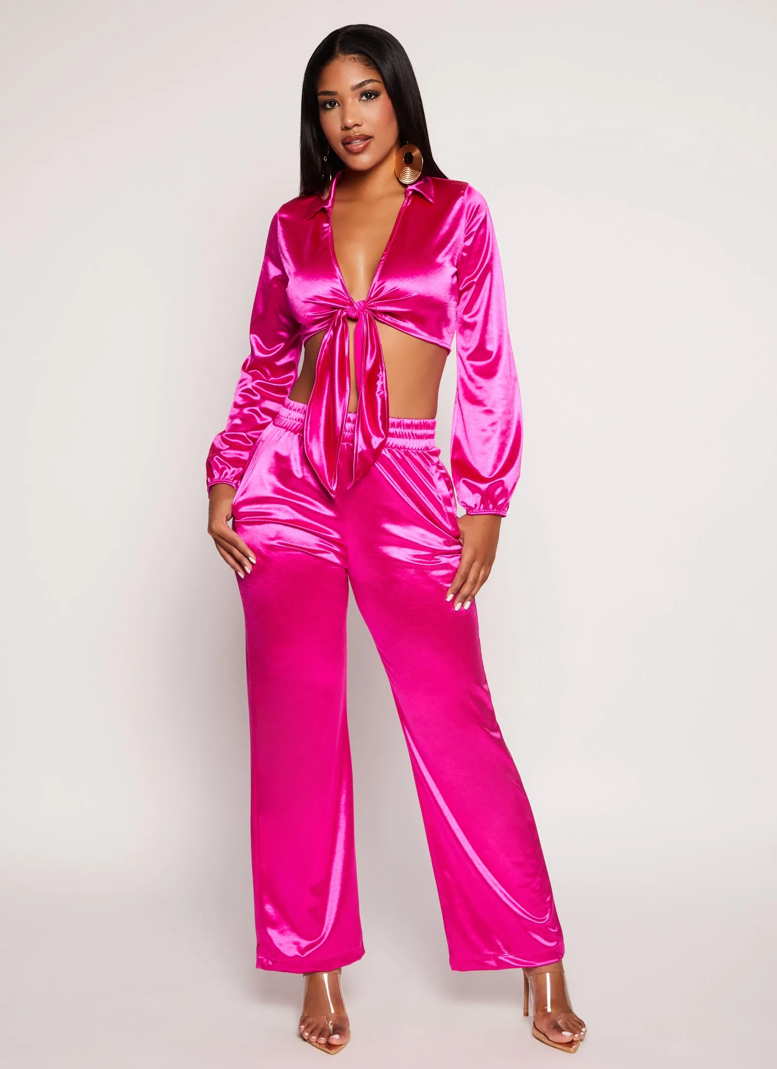 Satin Tie Front Long Sleeve Crop Top sold by Rainbow product image thumbnail 2
