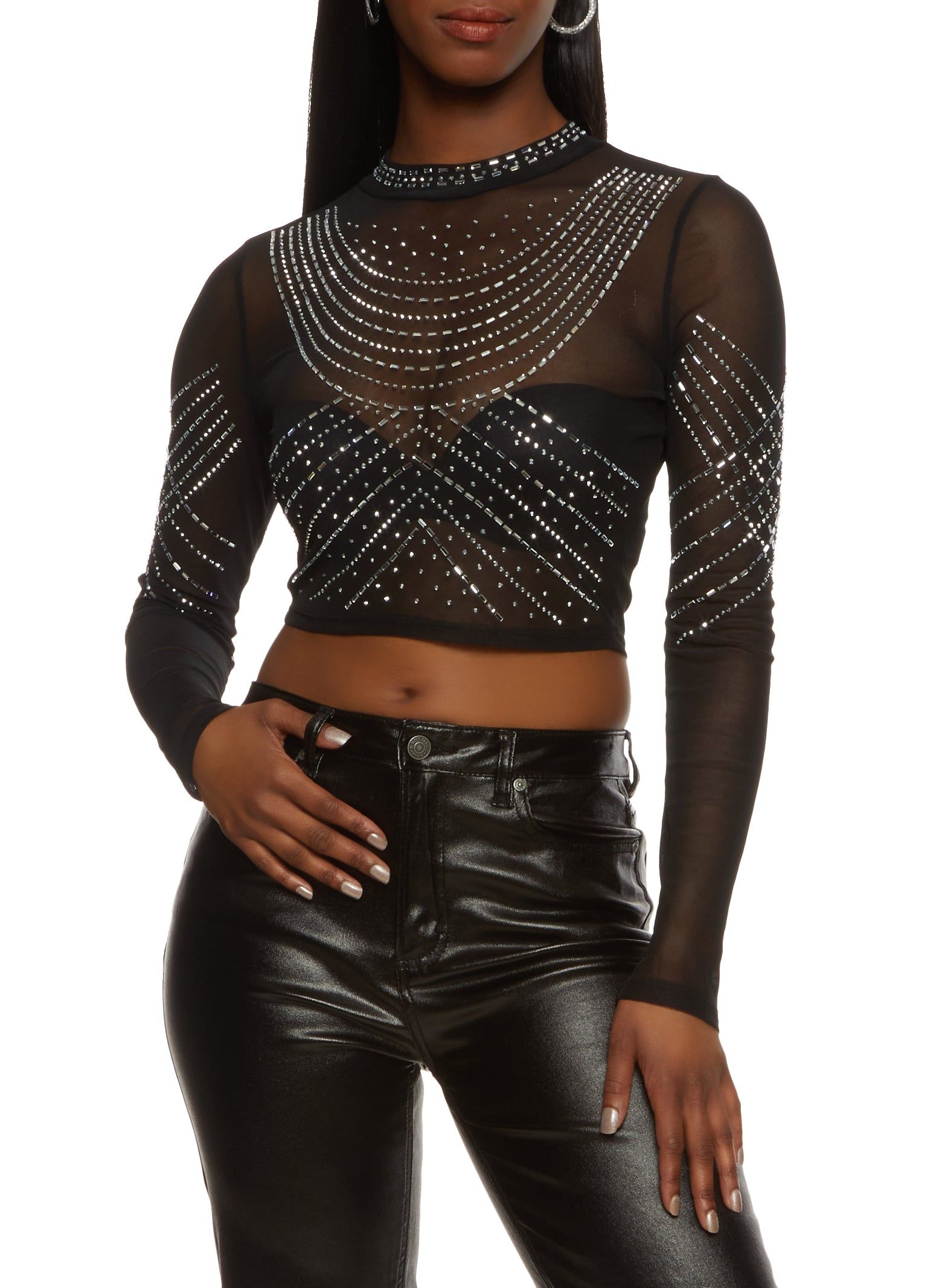 Sheer Mesh Rhinestone Crop Top sold by Rainbow