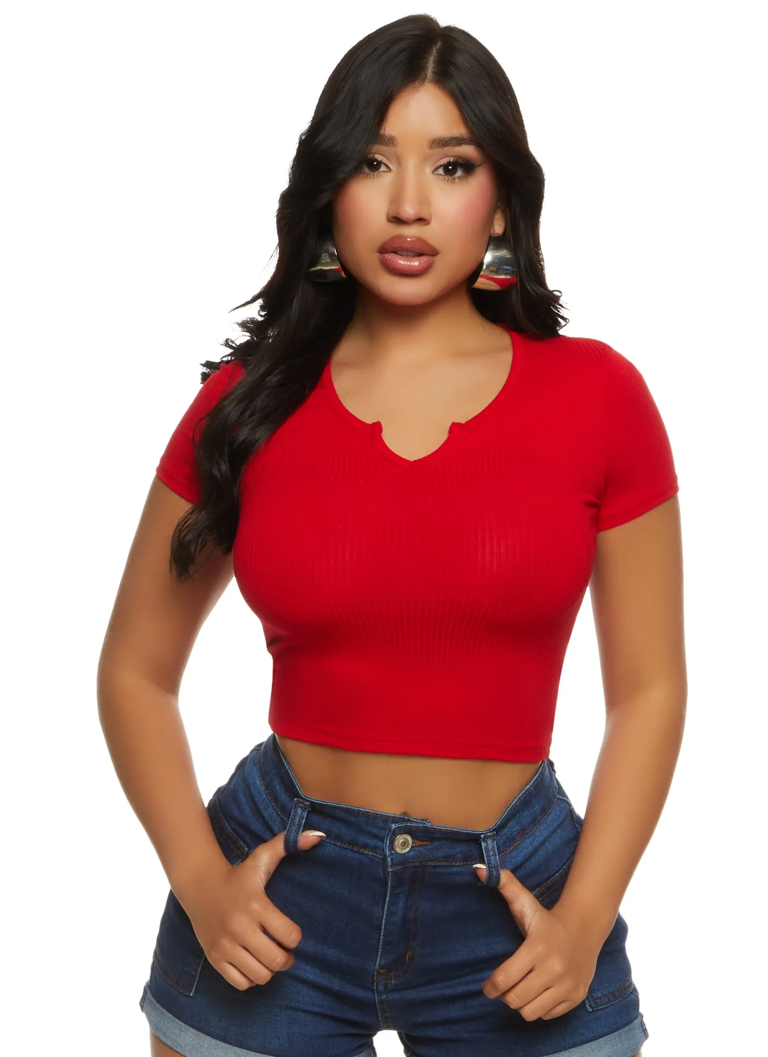 Basic Ribbed Notch Neck Tee sold by Rainbow