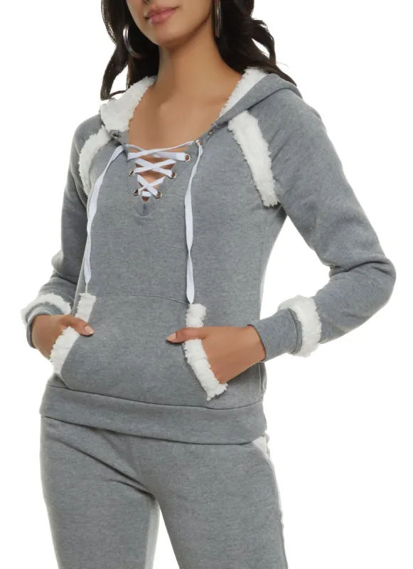 Sherpa Lined Lace Up Pullover Hoodie sold by Rainbow