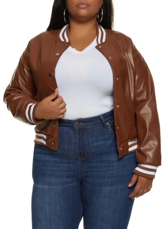 Plus Size Faux Leather Varsity Bomber Jacket sold by Rainbow