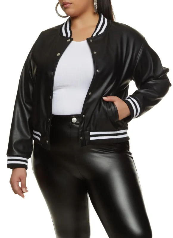 Plus Size Faux Leather Varsity Bomber Jacket sold by Rainbow