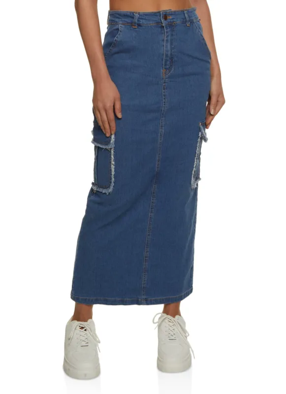 Denim Frayed Trim Cargo Pocket Maxi Skirt sold by Rainbow