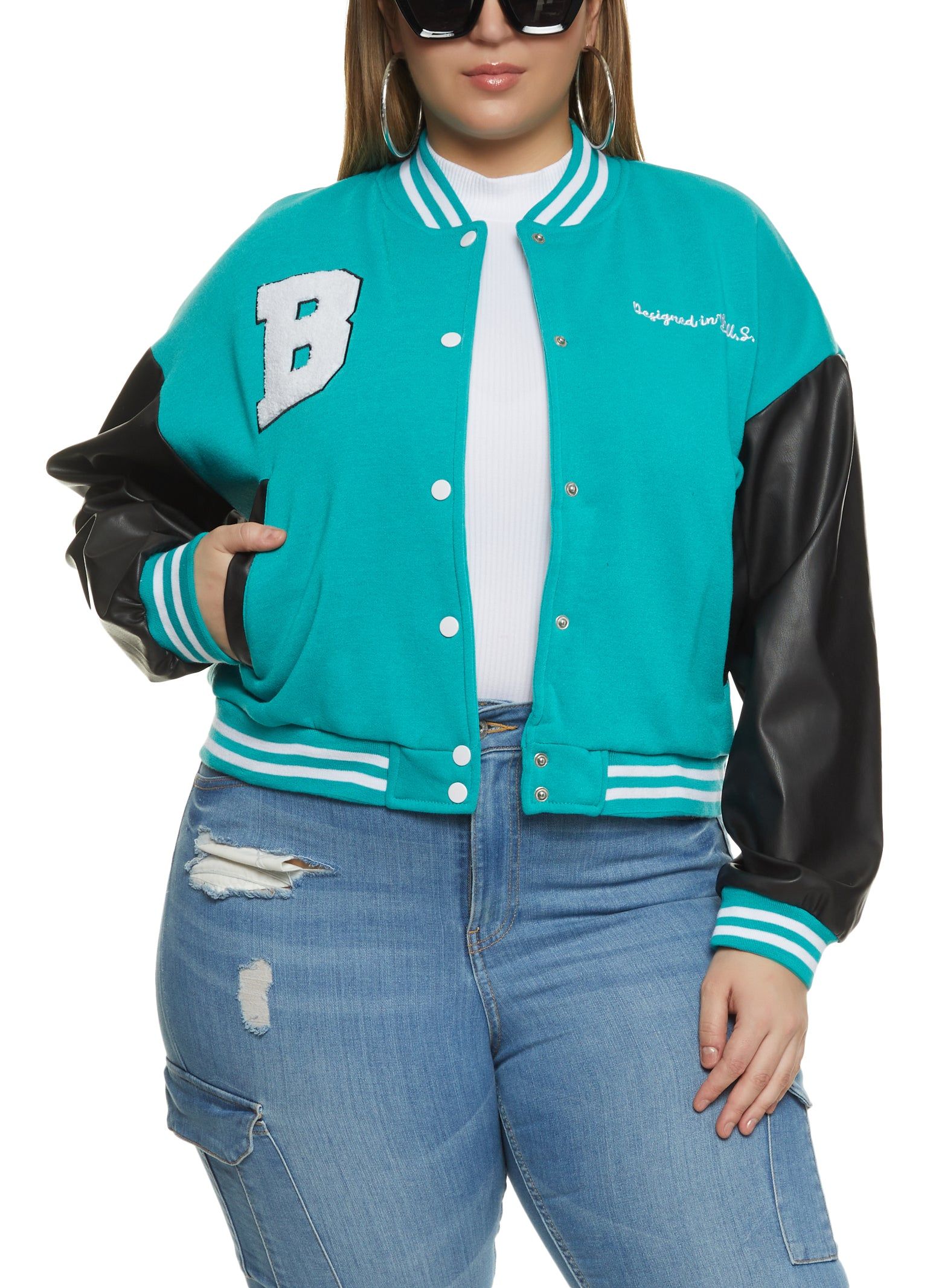 Plus Size B Initial Chenille Patch Varsity Jacket sold by Rainbow