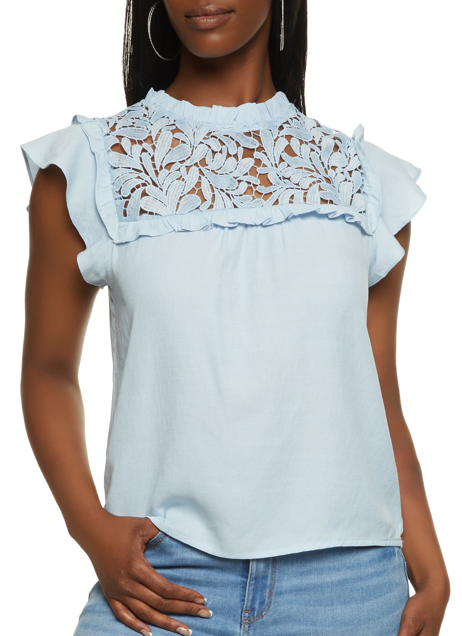 Crochet Detail Ruffle Trim Blouse sold by Rainbow