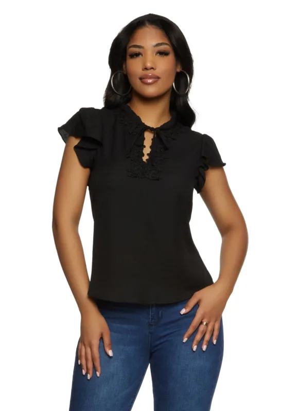 Iris Gauze Knit Crochet Detail Tie Neck Blouse sold by Rainbow