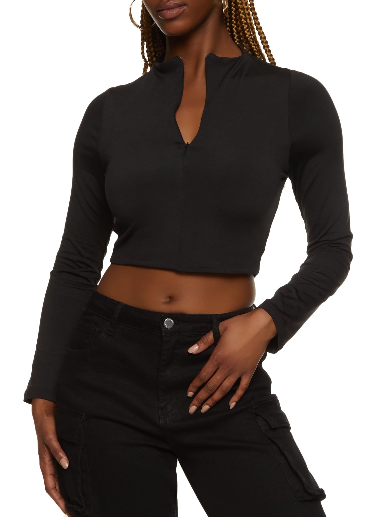 Half Zip Mock Neck Long Sleeve Crop Top sold by Rainbow