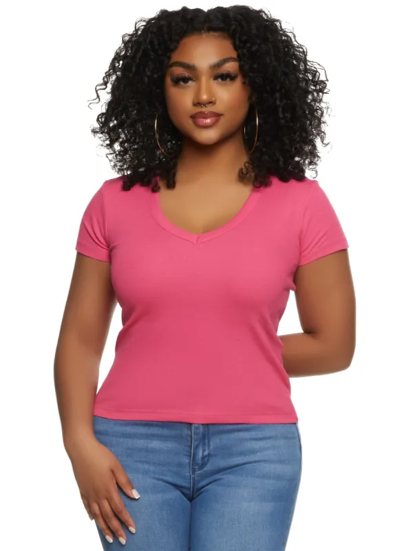 Basic Ribbed V Neck Short Sleeve Tee sold by Rainbow