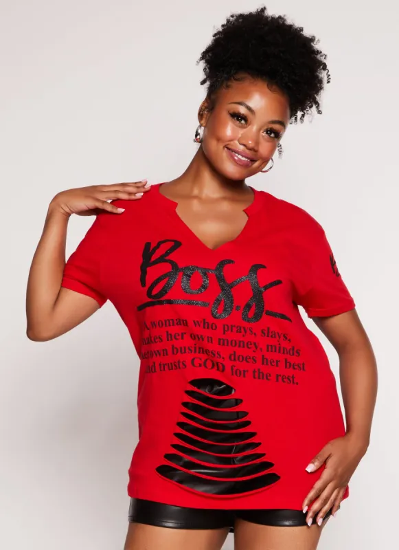 Plus Size Boss Glitter Graphic Laser Cut Tee sold by Rainbow