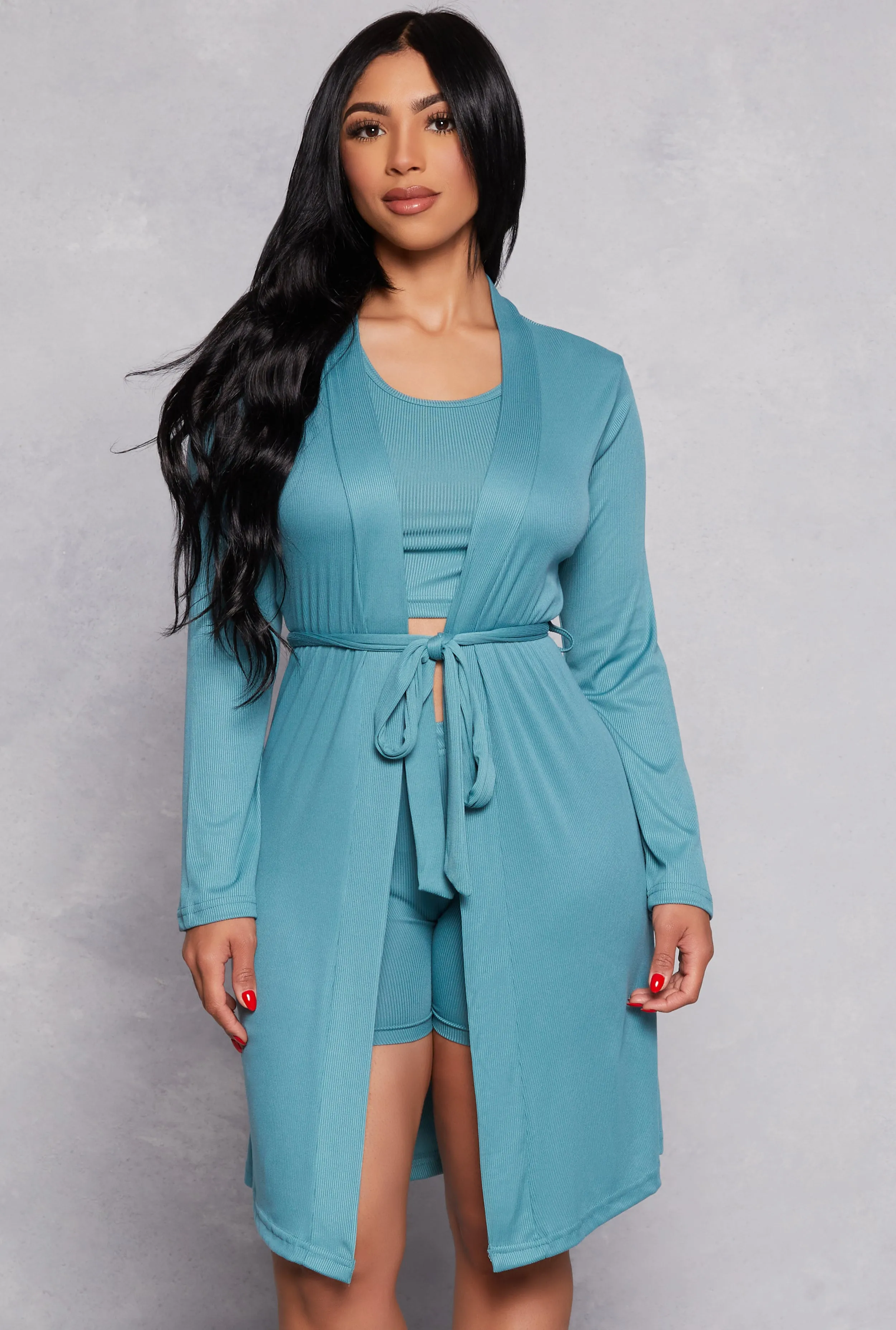 Ribbed Knit Cropped Pajama Tank Top and Shorts with Robe sold by Rainbow