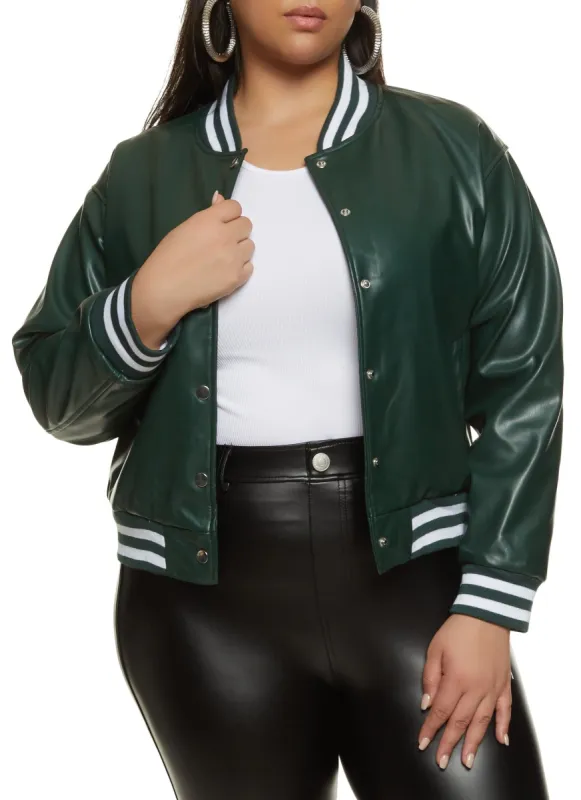 Plus Size Faux Leather Varsity Bomber Jacket sold by Rainbow