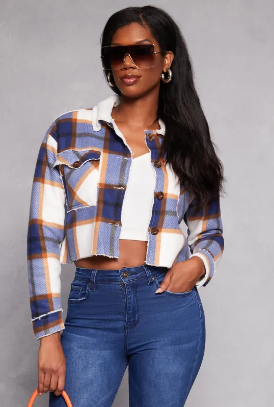 Plaid Sherpa Lined Raw Hem Button Front Shacket sold by Rainbow