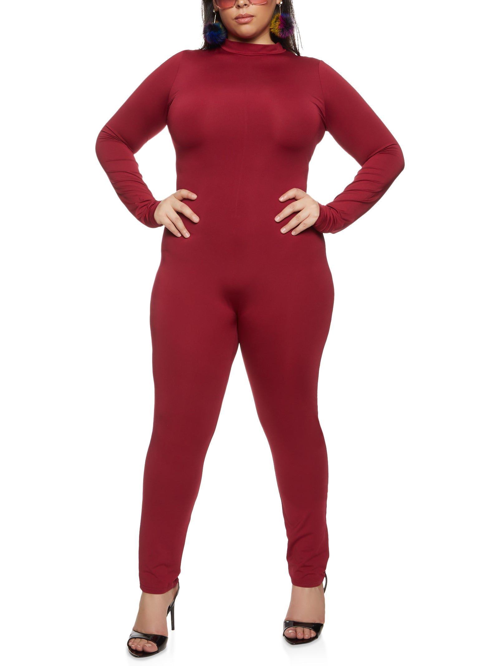 Plus Size Long Sleeve Mock Neck Catsuit sold by Rainbow