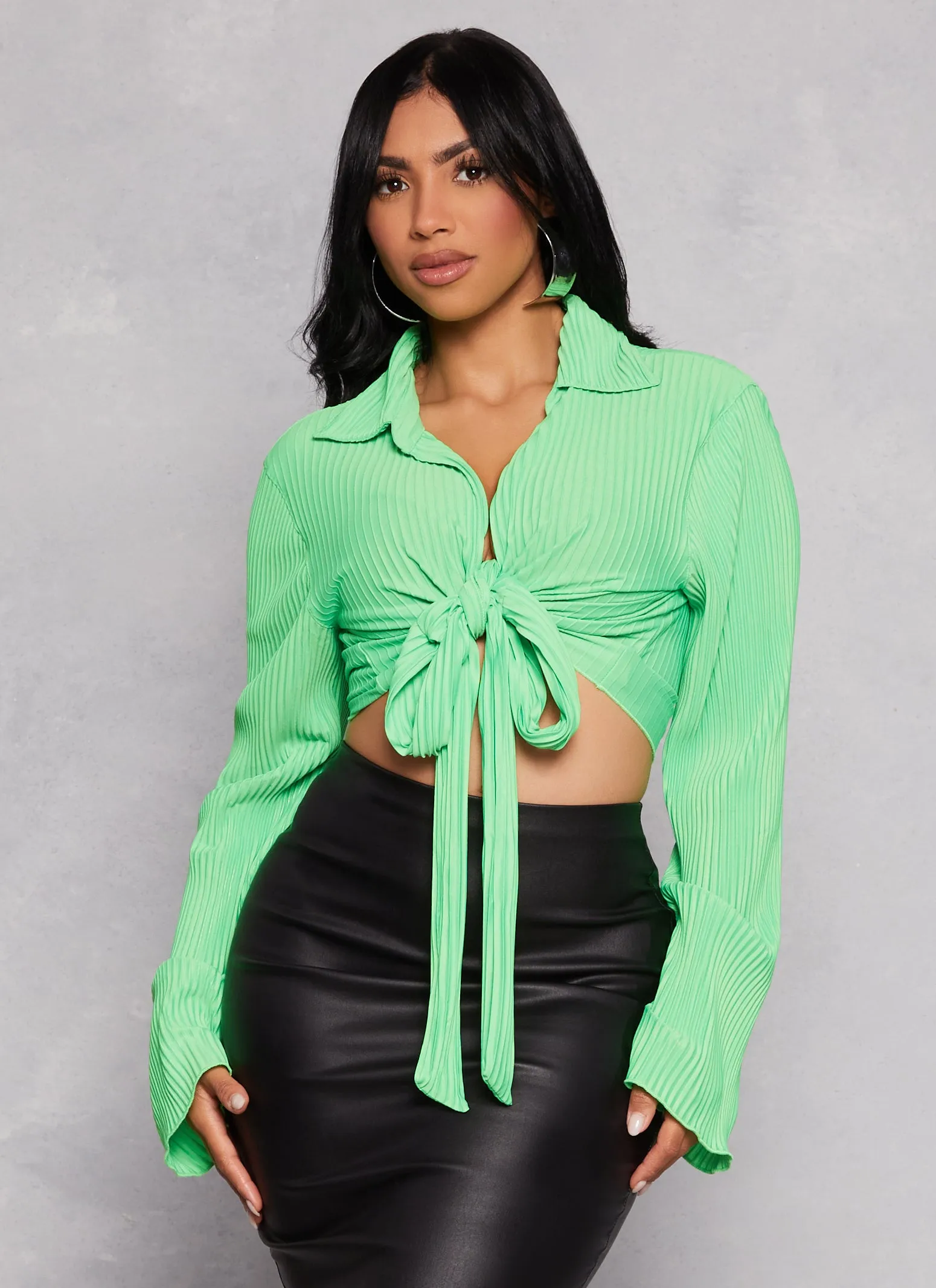 Plisse Tie Front Bell Sleeve Blouse sold by Rainbow