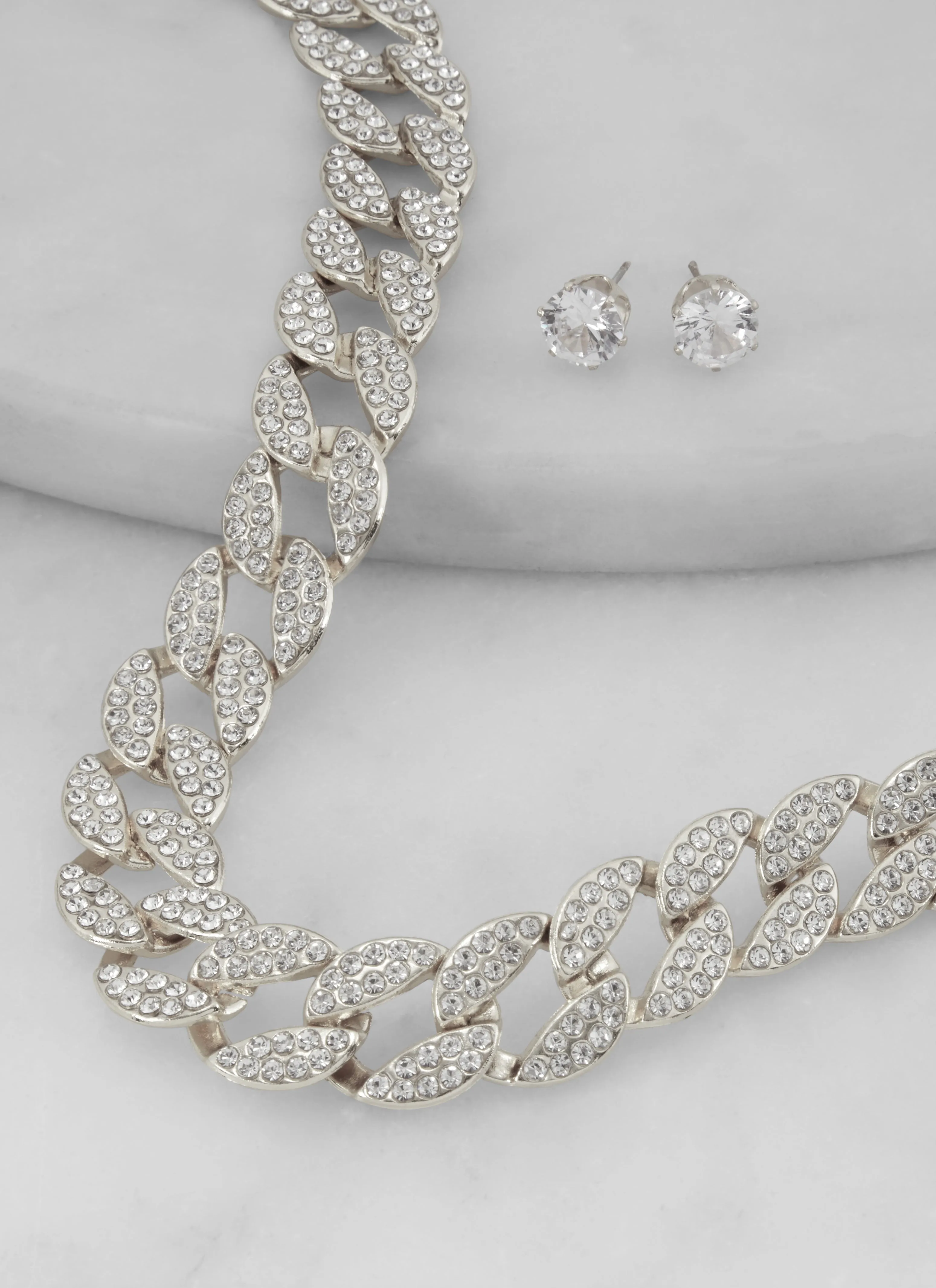 Cubic Zirconia Cuban Link Necklace and Stud Earrings sold by Rainbow product image thumbnail 2