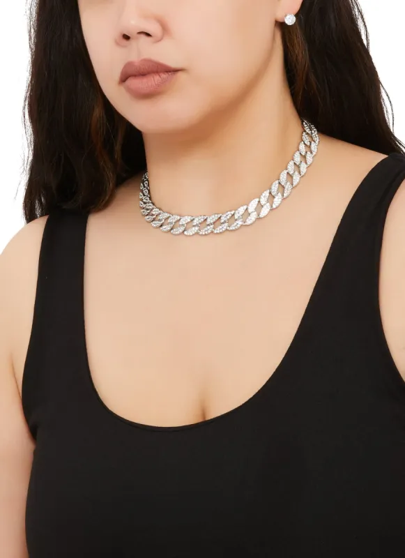 Cubic Zirconia Cuban Link Necklace and Stud Earrings sold by Rainbow