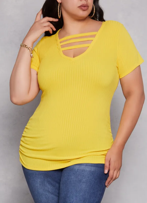 Plus Size Ribbed Caged V Neck Tee sold by Rainbow