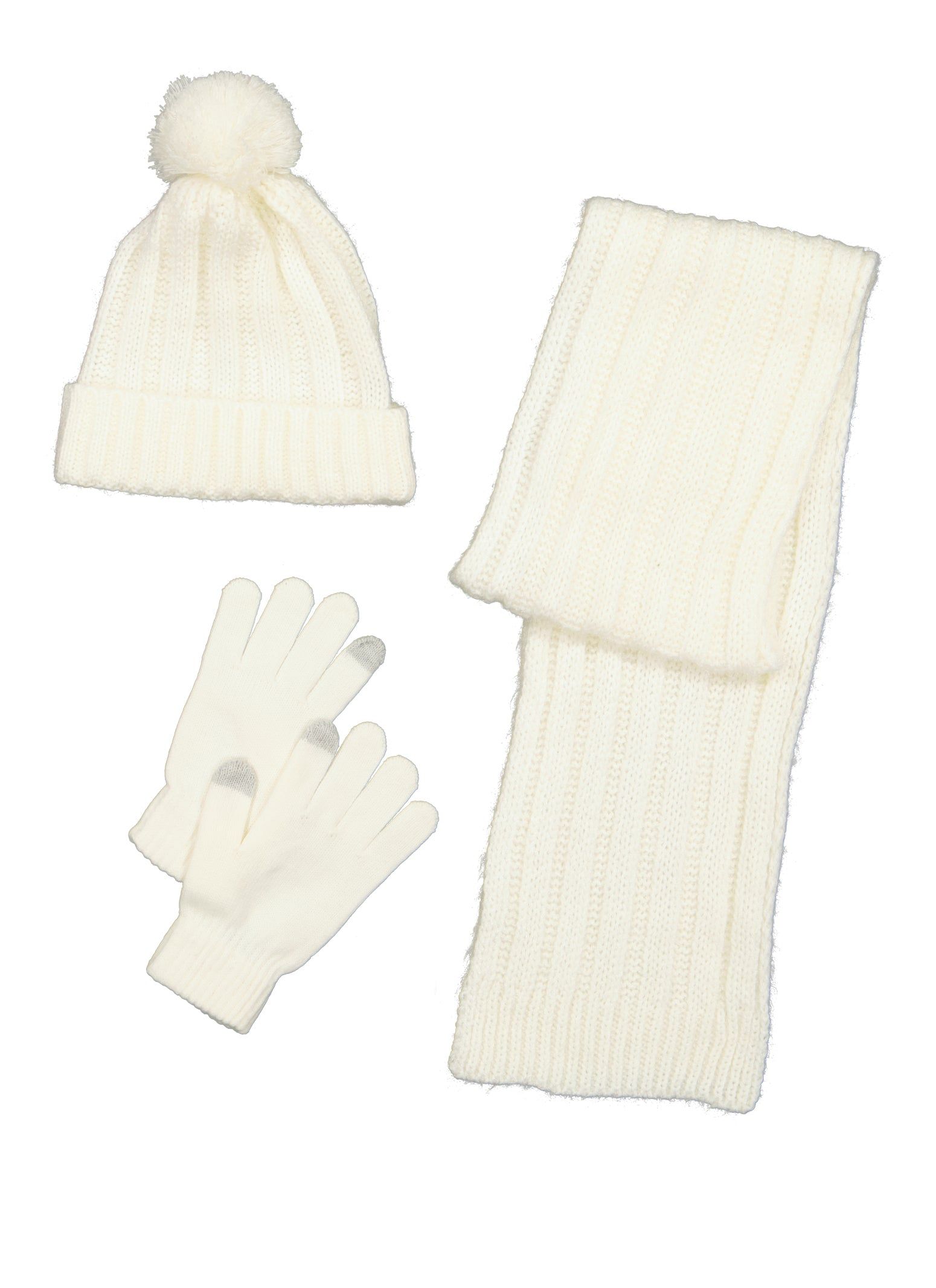 Ribbed Knit Scarf with Pom Pom Beanie and Gloves sold by Rainbow