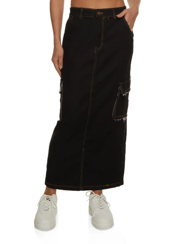 Denim Frayed Trim Cargo Pocket Maxi Skirt sold by Rainbow