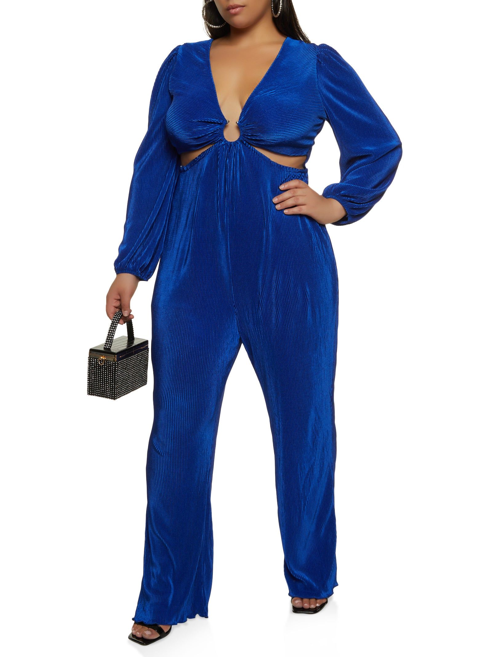 Plus Size Plisse Cut Out Plunge Jumpsuit sold by Rainbow
