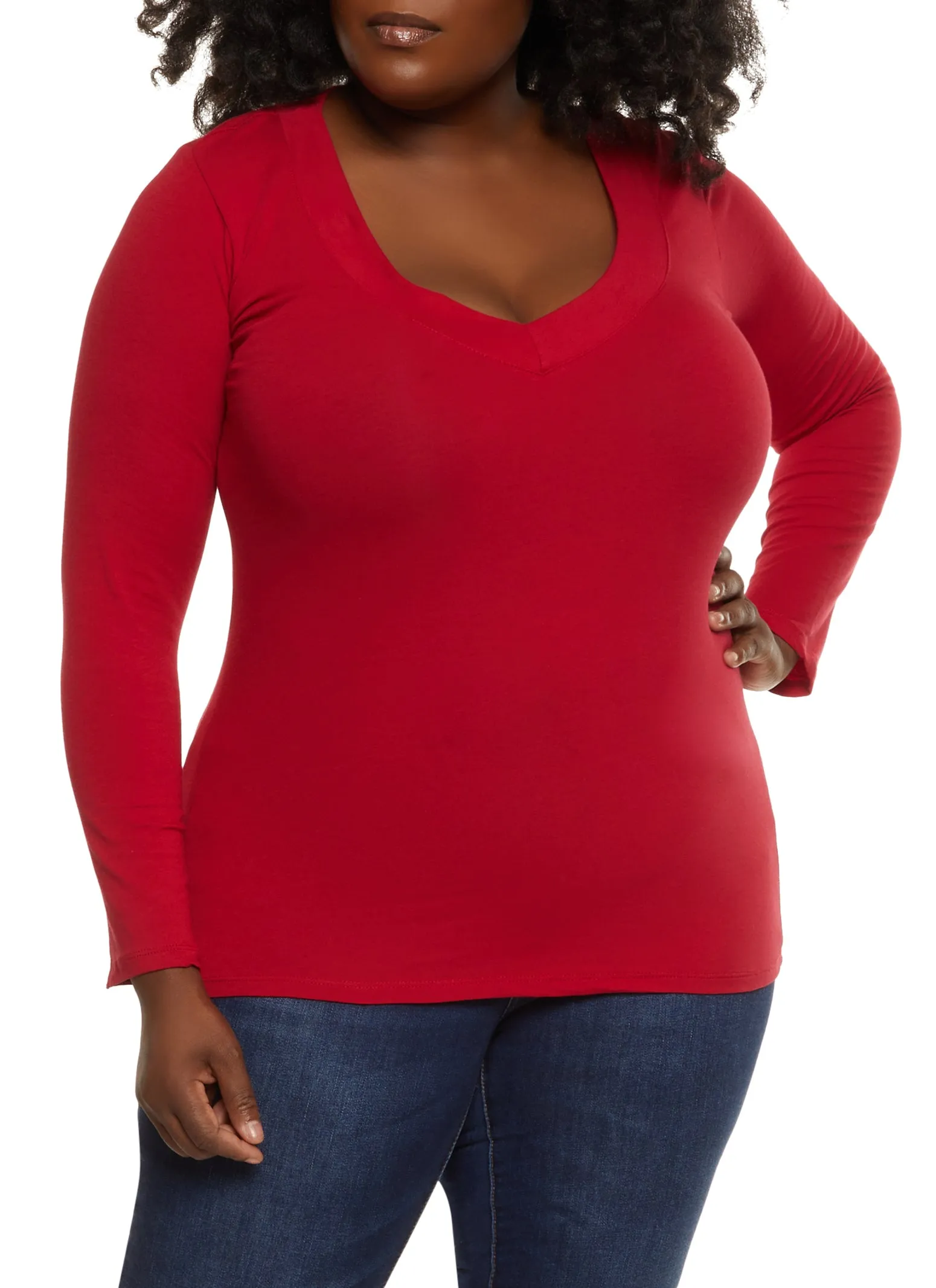 Plus Size Solid V Neck Long Sleeve Tee sold by Rainbow